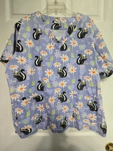 UA Scrubs Scrub Top size XL-Blue/Black/Pastel Skunk/Floral-Chest 26"/L 26.5" - Picture 1 of 5