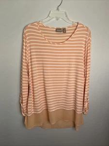 Chicos Women's 2(L) Peach Stripe 3/4 Roll tab Sleeve Sheer hem Tunic Top - Picture 1 of 9