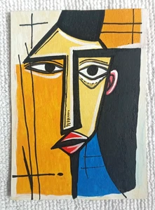 Original ACEO Acrylic Cubism Abstract Portrait Art 1 Hand Painted Free Shipping - Picture 1 of 4