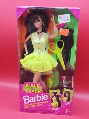 Barbie morena #12643 1994 Mattel corte y estilo vestido amarillo neón en caja original Foto 1 de 4