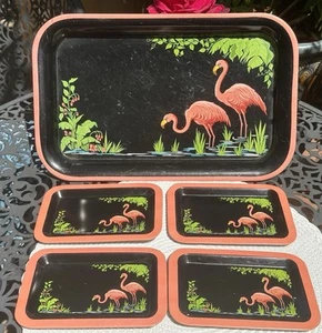Rosa Flamingo Schwarz Metall 14x9 Serviertablett Set + 4 Snack Vorspeisen Tabletts 6x4 - Bild 1 von 19