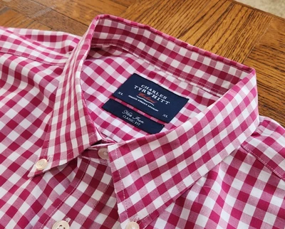 CAMISA CHARLES TYRWHITT, Hombre XL (17 x 35), Borgoña Blanco Cuadros, Sin Hierro, Usada en Excelente Condición Foto 1 de 4