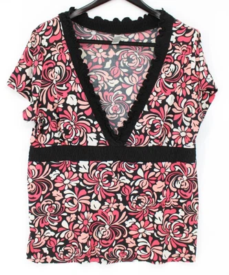 Blusa floral Merona para mujer 16W 18W negra rosa con volantes cuello en V elástica Plus Foto 1 de 4