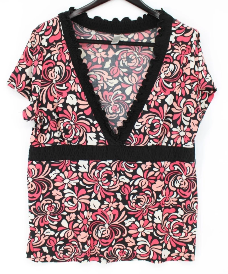 Blusa floral Merona para mujer 16W 18W negra rosa con volantes cuello en V elástica Plus Foto 1 de 4