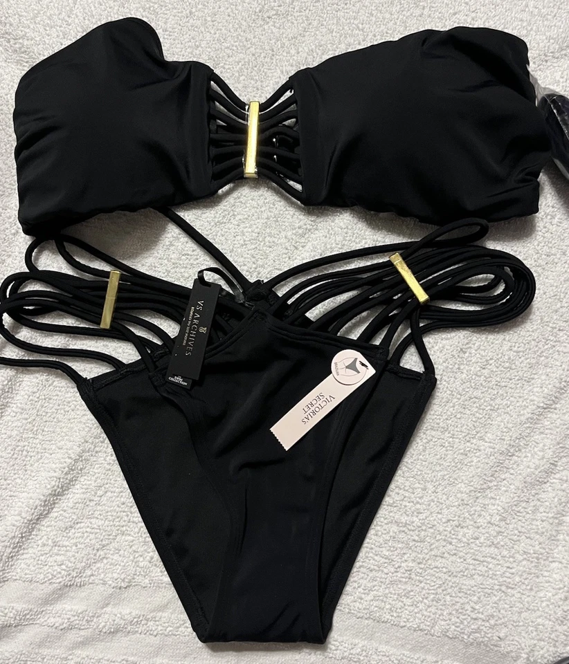 Victoria’s Secret Conjunto Parte Superior Parte Inferior Bandeau Negro/Dorado XL L Foto 1 de 4