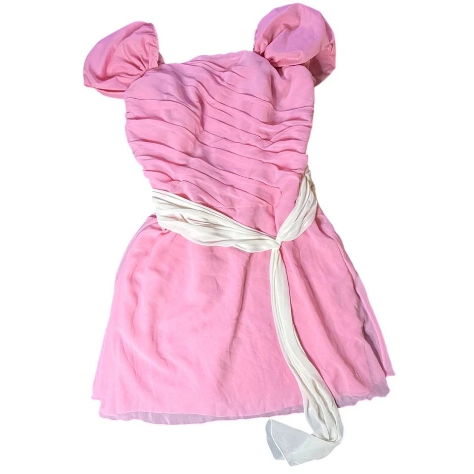 Pink Ruched Puff Sleeve Dress with Cream Sash Belt - Image 1 of 4