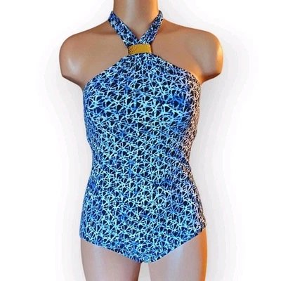 Maiô Michael Kors One Piece tamanho 6 halter top azul marinho ouro branco - Imagem 1 de 4