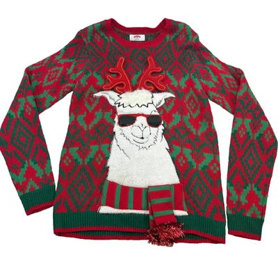 Holiday Time Christmas Sweater Llama Sunglasses AntlersScarf Red Green Men Small - Image 1 of 4