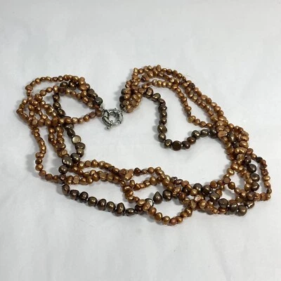 Handcrafted 4 Strand Freshwater pearl Necklace Copper Brown 20 "  Knotted - Image 1 of 4