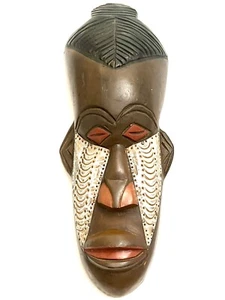 Máscara tribal africana colgante de pared pintada a mano tallada a mano madera oscura marrón 13"x5" - Imagen 1 de 5
