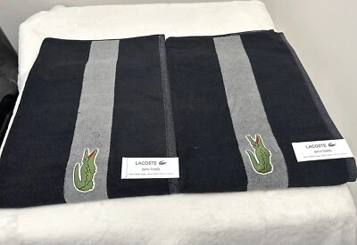 Lacoste BLACK & GRAY Cotton Bath Towels 30"x 52" Big Crocodile Logo Set Of 2 NWT - Image 1 of 4