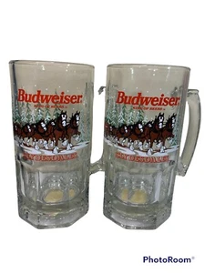Budweiser King Of Beers Clydesdales Christmas 1992 Glass Stein Large 8" Lot Of 2 - Picture 1 of 5
