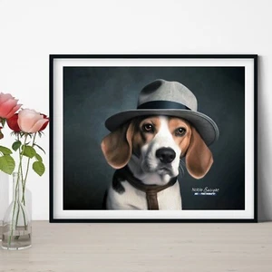 Beagle Detective Funny Dog Portrait Watercolor Oil Painting Wall Art Print - Picture 1 of 5