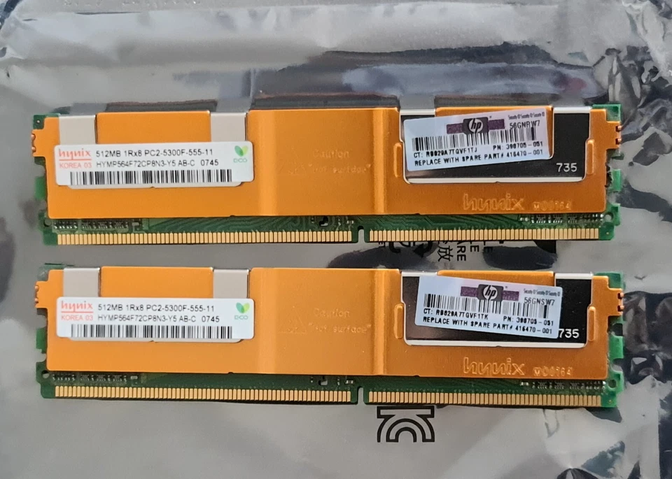 2 x HP 398705-051 416470-001 512MB DDR2 PC2-5300 CL5 SDRAM - Immagine 1 di 4