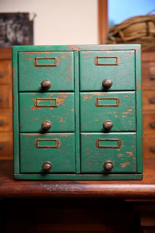 Vintage Card Catalog Wood cabinet apothecary industrial file box brass pulls Cover