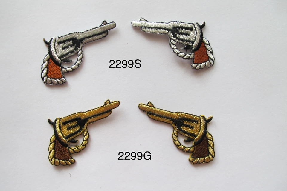 #2299 Lot 2 Pcs Gold,Silver Western Cowboy Gun Embroidery Iron On Applique Patch - Image 1 of 1
