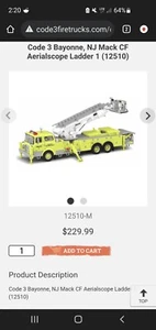 code 3 collectibles #12510 BAYONNE, NJ CF MACK TRUCK AERIALSCOPE TOWER LADDER - Picture 1 of 6
