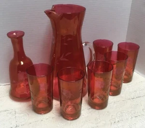 Juego de 6 vasos jarra de agua de diseño floral grabado vidrio arándano/magenta de colección + - Imagen 1 de 14