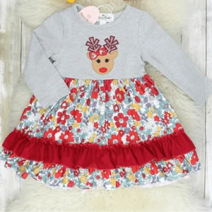 NWT Infant Floral Ruffle Reindeer Dress Christmas Holiday - Size 6-12 month - Picture 1 of 6
