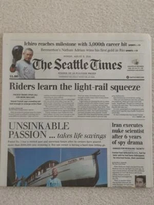 The Seattle Times Newspaper - Ichiro Suzuki - 3,000th hit - August 8th, 2016  - Image 1 of 4