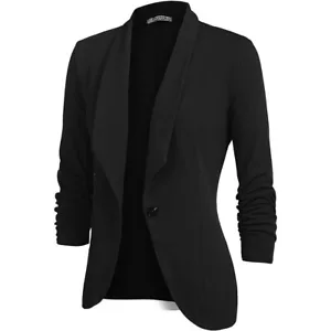 Beyove Women's 3/4 Ruched Sleeve Open Front Work Office Blazer Jackets Black - Picture 1 of 5