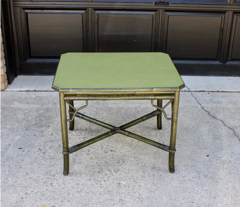Vintage Mid Century Bamboo JADE GREEN Chinoiserie Fretwork Side Table Hollywood - Image 1 of 4