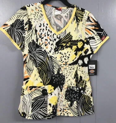 Dickies Scrubs Top. Yellow with Multi Patterns. Junior Fit. Size Small. NWT - Image 1 of 4