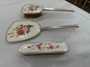 Vintage 3 Piece Dresser Vanity Set Silver Tone Hand Mirror & 2 Brush Combo - Picture 1 of 11