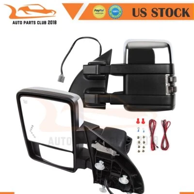 Par de espejos retrovisores de remolque cromados térmicos con luz de flecha de señal de alimentación para Ford F250 99-07 Foto 1 de 4