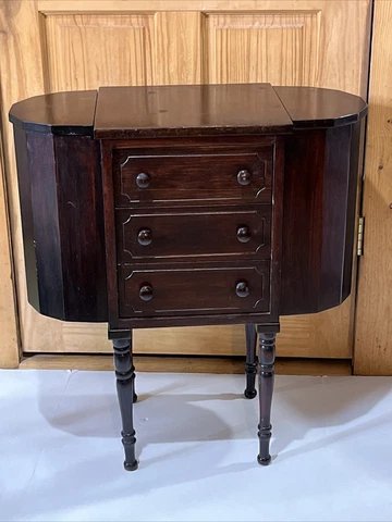 Antique Martha Washington Wood Sewing Stand Cabinet 3 Drawer Flip Top Sides Cover