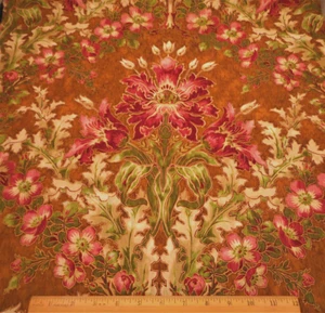 Asian Fabric 1 1/8+ Yard Pink Grn Metallic Gold Floral on Brown Premium Cotton C - Picture 1 of 2