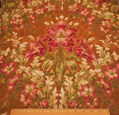 Asian Fabric 1 1/8+ Yard Pink Grn Metallic Gold Floral on Brown Premium Cotton C - Image 1 of 2