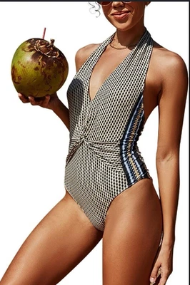 Traje de baño halter de una pieza con estampado de cuello en V azul talla 4 de EE. UU. Reiss para mujer Foto 1 de 4