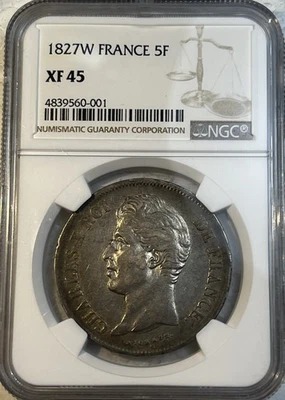 Rare France 1827 W Silver 5 Francs NGC Certified XF45 KM#728.13 - Image 1 of 4