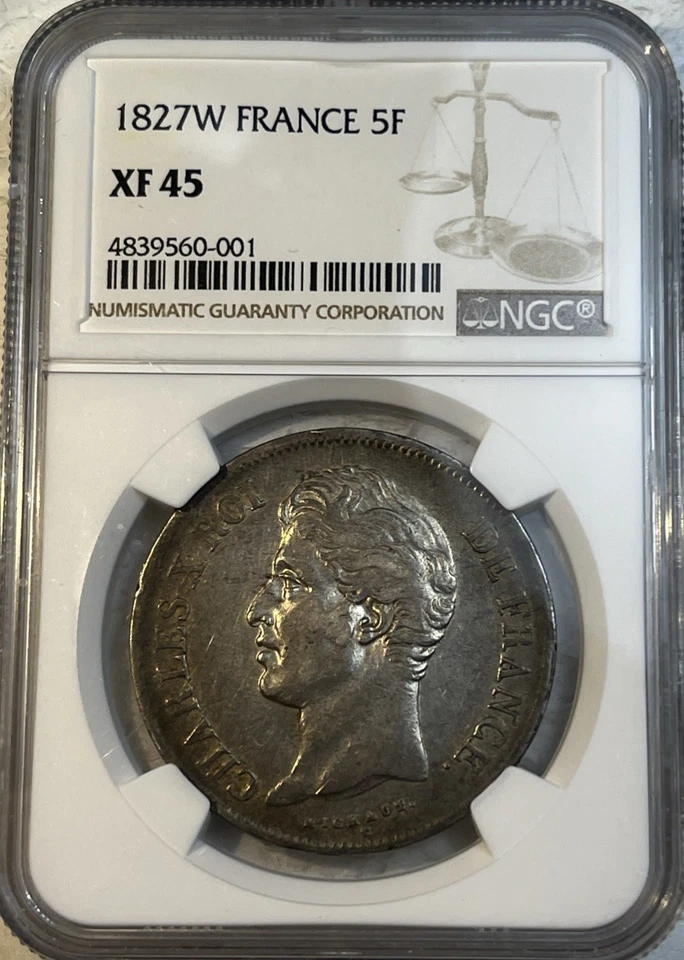 Rare France 1827 W Silver 5 Francs NGC Certified XF45 KM#728.13 - Image 1 of 4