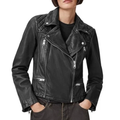 Chaqueta de motociclista AllSaints Cargo de cuero envejecido negra/gris $560 talla 2 Foto 1 de 4