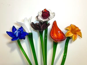 Juego de 6 flores de vidrio multicolor de tallo largo de 19" - vidrio soplado a mano de Murano #27 - Imagen 1 de 22