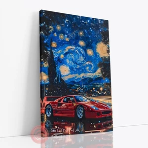 VAN GOGH RED FERRARI F40 STARRY NIGHT PAINTING WALL ART CANVAS FRAMED PRINT - Picture 1 of 7
