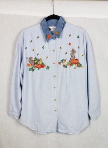 Carolina Colours Shirt L Blue Stripe Denim Collar Embroidered Fall Thanksgiving - Picture 1 of 12