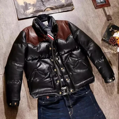 Vintage Black Brown Leather Puffer Jacket Retro Western Style Down Coat Men's - Image 1 of 4