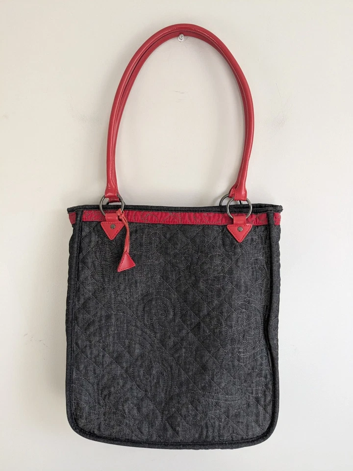Chicos Black Denim Quilted Tote Bag Red Handles Shoulder Satchel Purse Carryall - Image 1 of 4