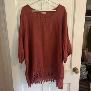 LUNGO L'ARNO Dark Pink Linen Mini Dress Italy Size 2X Crochet Lagen Look Boho - Picture 1 of 12
