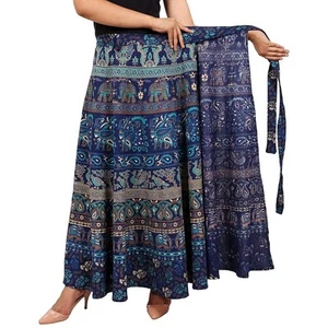 Indian Woman's Cotton Wrap Skirt Blue Elephant Mandala Boho Long Maxi Dress - Picture 1 of 4