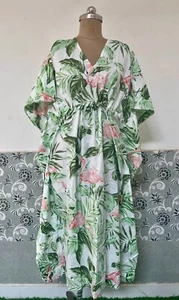 Vestido de dormir caftán estampado hecho a mano de algodón pato blanco 50" pulgadas EE. UU. - Imagen 1 de 5