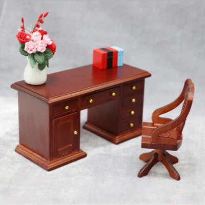 1:12 Dollhouse Miniature Solid Wood Furniture Office Table Chair Desk Set Decor - Image 1 of 4