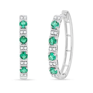0.10Ct Real Diamond & Green Emerald Hinged Hoop Earrings In 10K White Gold - Picture 1 of 7