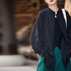 Mujeres Algodón Lino Blusa Camisa Abrigo Top Étnico Rana Botón Suelto Gran Tamaño Elegante - Imagen 1 de 31