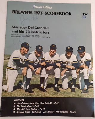 Brewers 1973 Score Book Revised Edition Manager Del Crandall PLUS 2 Signatures - Image 1 of 4