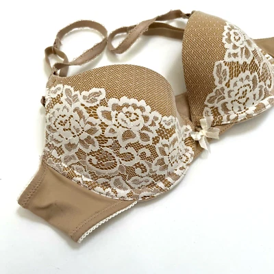 NWOT WONDERBRA Lace Padded Bra 32B Nude Beige Underwire Mesh - Image 1 of 4