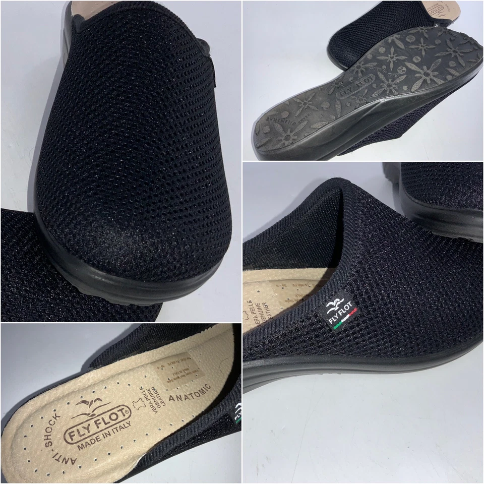 Fly Flot Comfort Mule Slides Talla 8 Mujer IT39 Negro Md Italia Usado Una Vez YGI E3S-14 Foto 1 de 4